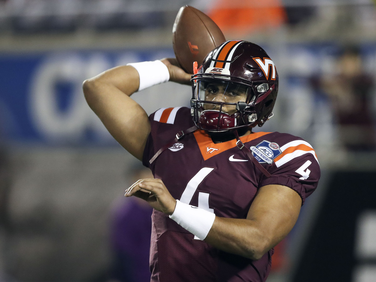 Dec 3, 2016; Orlando, FL, USA; Virginia Tech Hokies quarterback Jerod Evans (4) warms up prior to a game against the Clemson Tigers during the ACC Championship college football game at Camping World Stadium. Mandatory Credit: Logan Bowles-USA TODAY Sports